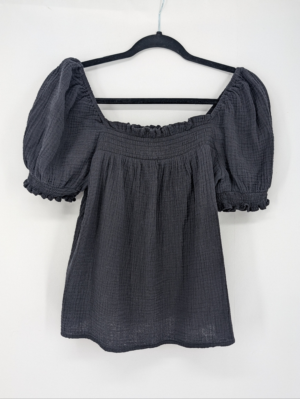 J.Crew Smocked Puff Sleeve Short Sleeve Gauze Cotton Top Black Size Medium